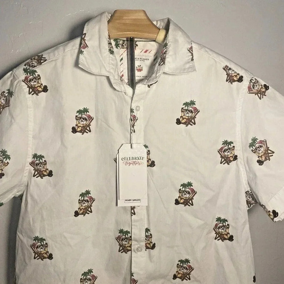 NWT Denim and Flower Short Sleeve Men's Size Med Button Up with Santa Chillin - Picture 2 of 14